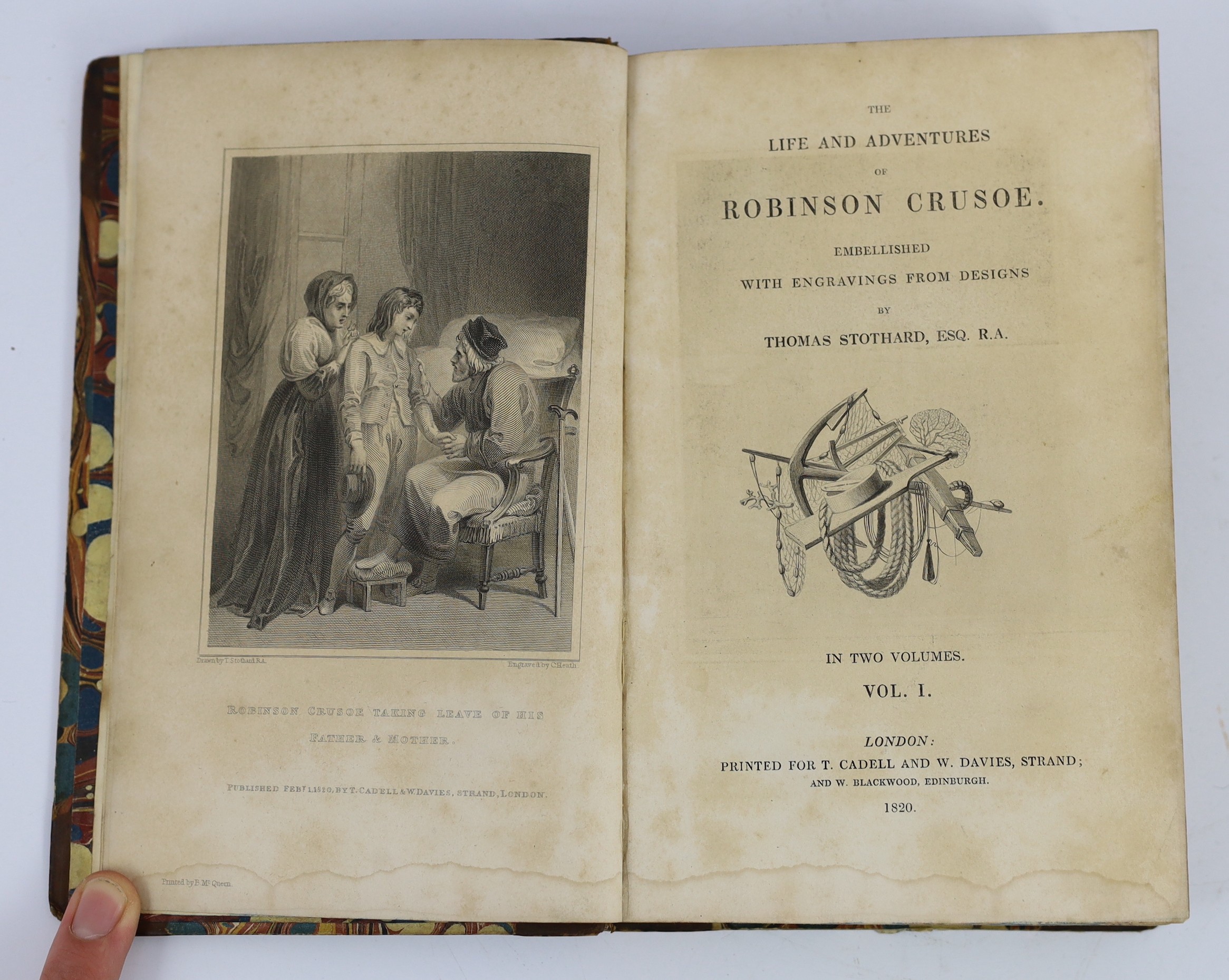 [Defoe, Daniel] The Life and Adventures of Robinson Crusoe ..., 2 vols, pictorial title vignettes and 20 plates (by Thomas Stothard); contemp. gilt half calf and marbled boards, panelled spines, marbled edges and e/ps. p